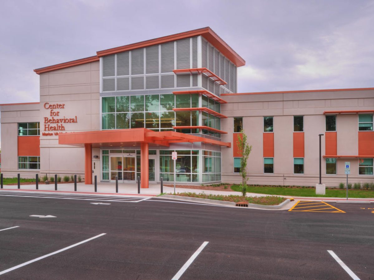 Marion VA Medical Center Center for Behavioral Health with orange and glass facade